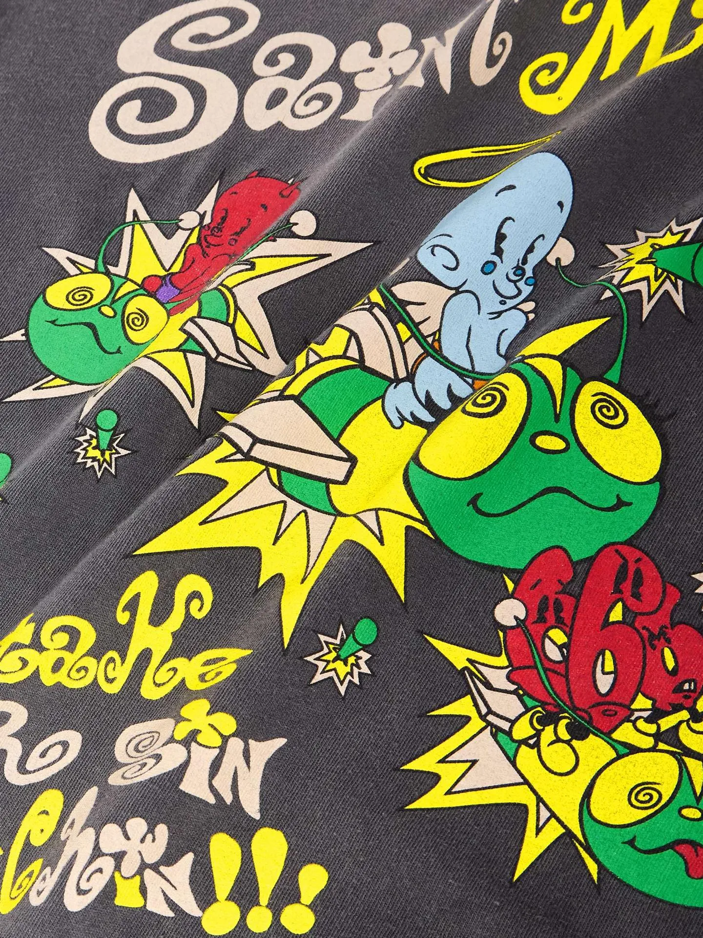 SAINT Mxxxxxx SS TEE/SAINT MX6/BLK Little devil bee distressed TEE, washed black S-XL OE yarn tube fabric, no side seams, Assute garment dyeing, heavy washing, water fading, old hole treatment, correct version, original consistent main mark/wash mark/cherub mark, original consistent printing restoration, distressed treatment, top purchasing agent level